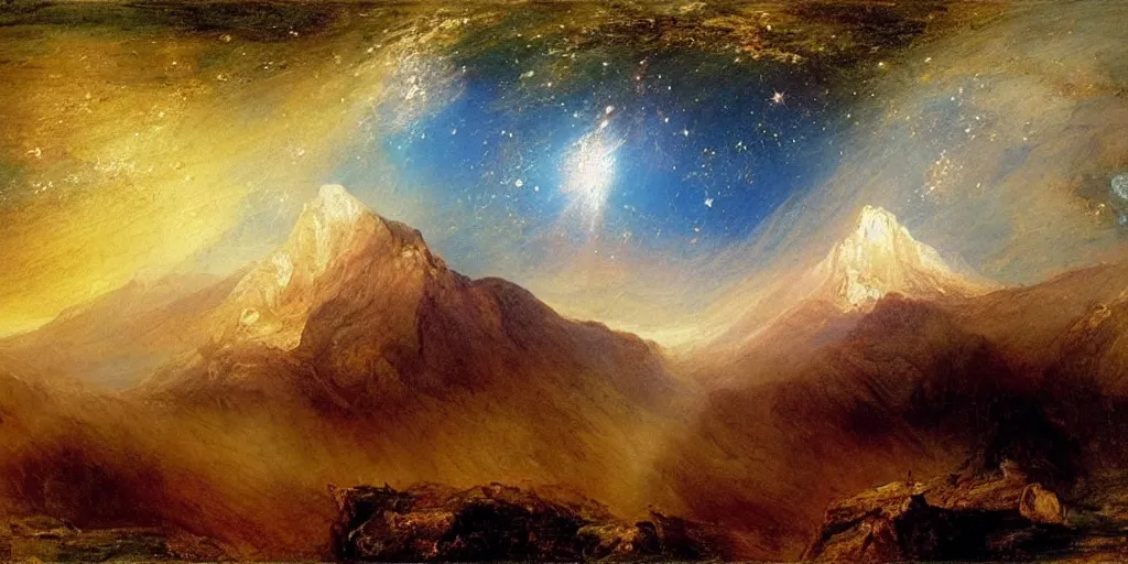 Prompt: stunning mountain landscape with sky full of galaxies by j. m. w turner