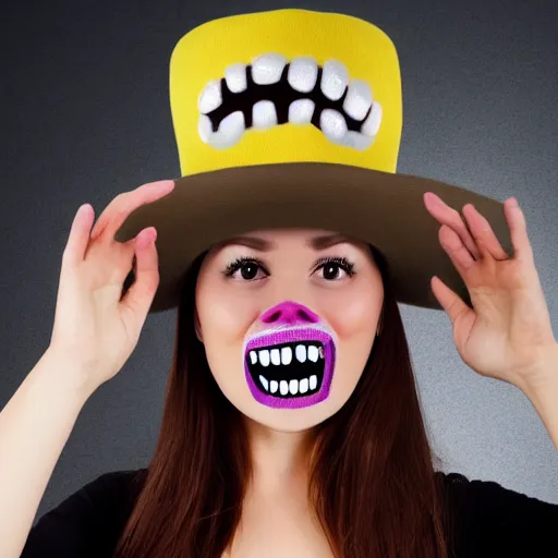 Image similar to alive hat with face eyes mouth and teeth on head, funny professional photo