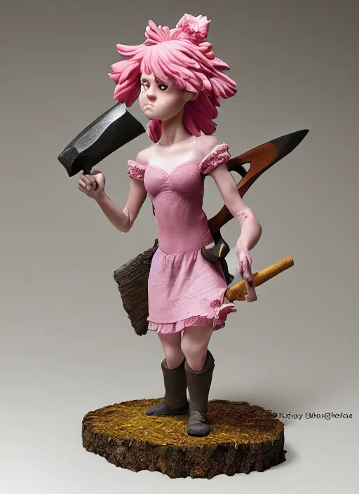 Prompt: an ominous femo figurine of a cute funny axe wielding fairy with freckles wearing a frilly floral torn dress featured on left 4 dead by studio ghibly and disney, carrying a woodcutter's hatchet, dark and moody, wide angle, dynamic dancing pose, 🎀 🪓 🧚