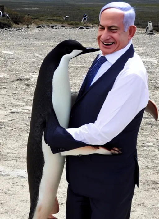 Image similar to benjamin netanyahu hugging a penguin