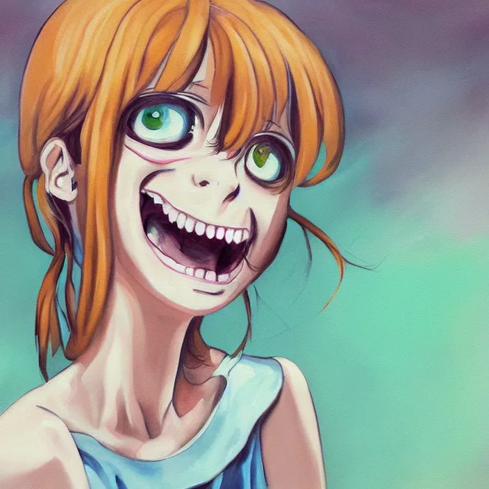 Image similar to nice quality and nice everything painting of a nice portrait of the popular girl at the psych ward laughing at the viewer, the style is like Watamote rendered with 3D effect.