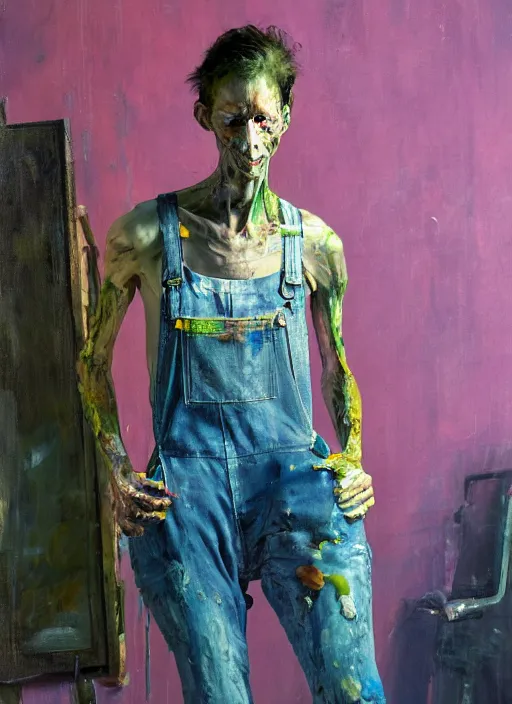 Prompt: an insane, skinny, artist wearing dirty, torn overalls, expressive painting, inside a grand messy studio, depth of field, hauntingly surreal, highly detailed oil painting, by francis bacon, edward hopper, adrian ghenie, glenn brown, soft light 4 k in pink, green and blue colour palette, cinematic composition, high quality octane render, masterpiece