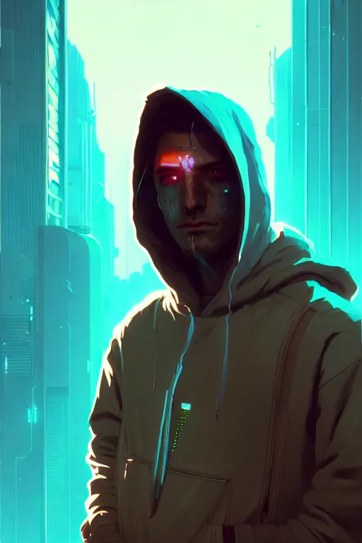 Image similar to cyberpunk synth, hyper - realistic portrait of a man in a hoodie, cyberpunk, by atey ghailan, by greg rutkowski, by greg tocchini, by james gilleard, by joe fenton, by kaethe butcher, dynamic lighting, gradient light blue, brown, blonde cream and white color scheme, grunge aesthetic