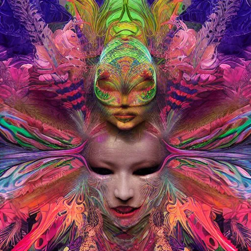 Image similar to A reality bending psychedelic ayahuasca experience, colorful, distorted, surreal, tropical bird feathers, dramatic lighting on the face, intricate, elegant, highly detailed, digital painting, concept art, smooth, sharp focus, illustration, art by Krenz Cushart and Wayne Barlowe and alphonse mucha