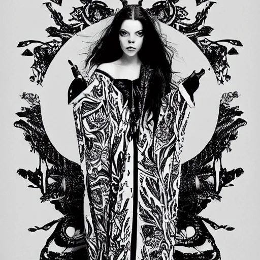 Image similar to black and white pen and ink!!!!!!! sorcerer beautiful attractive long hair Anya Taylor-Joy wearing High Royal flower print robes flaming!!!! final form sensual flowing ritual royal!!! Contemplative stance Vagabond!!!!!!!! floating magic witch!!!! glides through a beautiful!!!!!!! Camellia!!!! Tsubaki!!! death-flower!!!! battlefield behind!!!! dramatic esoteric!!!!!! Long hair flowing dancing illustrated in high detail!!!!!!!! by Hiroya Oku!!!!!!!!! graphic novel published on 2049 award winning!!!! full body portrait!!!!! action exposition manga panel black and white Shonen Jump issue by David Lynch eraserhead and beautiful line art Hirohiko Araki!! Frank Miller, Kentaro Miura!, Jojo's Bizzare Adventure!!!! 3 sequential art golden ratio technical perspective panels horizontal per page