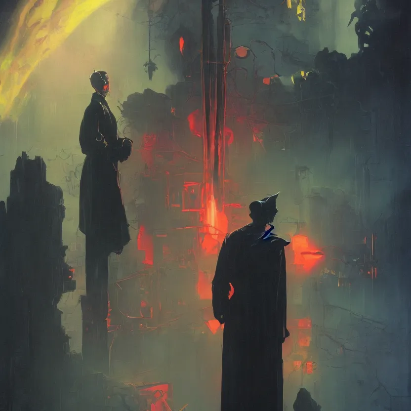 Prompt: a dark and colorful portrait of a silhouetted sci - fi wizard opening floodgates. glowing fog in the background. highly detailed science fiction painting by norman rockwell, frank frazetta, and syd mead. rich colors, high contrast, gloomy atmosphere, dark background. trending on artstation