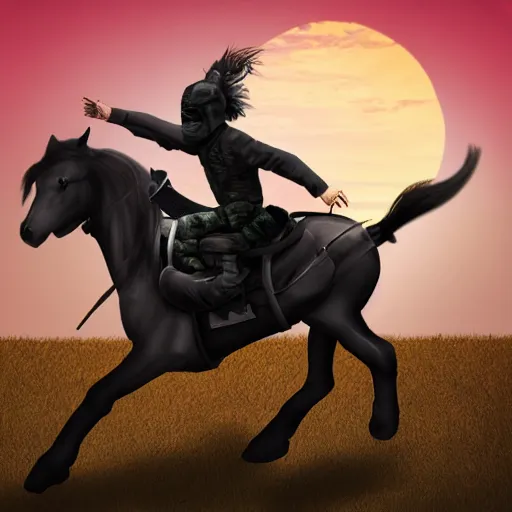 Image similar to ninja riding a horse toward sunset