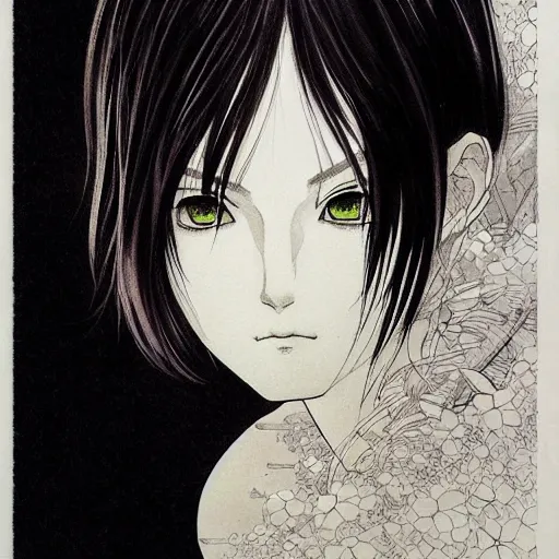 Image similar to prompt: Fragile looking soft light portrait face drawn by Katsuhiro Otomo, inspired by Ghost in Shell anime, magical and alchemical objects on the side, soft light, monochrome background, intricate detail, intricate ink painting detail, sharp high detail, manga and anime 2000