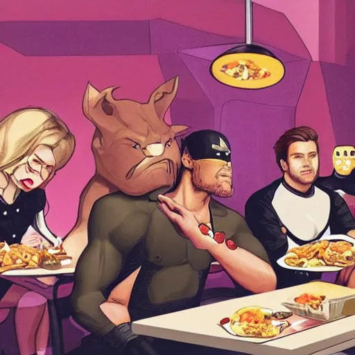 Image similar to The Avengers eating inside of a Taco Bell at midnight, relaxing, dim lighting, relaxed poses, chill, photorealistic