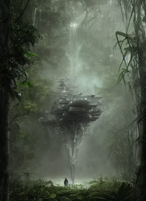 Prompt: the aircraft carrier USS Nimitz overgrown with vegetation laying on the ground of a tropical forest, post appocalyptic, by Luis Royo, by Greg Rutkowski, dark, gritty, intricate, cover illustration, concept art, volumetric lighting, volumetric atmosphere, sharp focus, octane render, trending on artstation, 8k