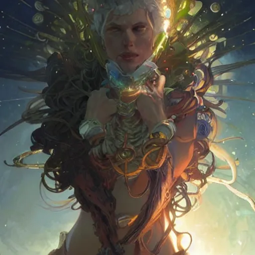 Image similar to handsome cyborg druid entanglement milky way, epic lighting, sketch illustration, ultra detailed, art by artgerm and greg rutkowski and alphonse mucha