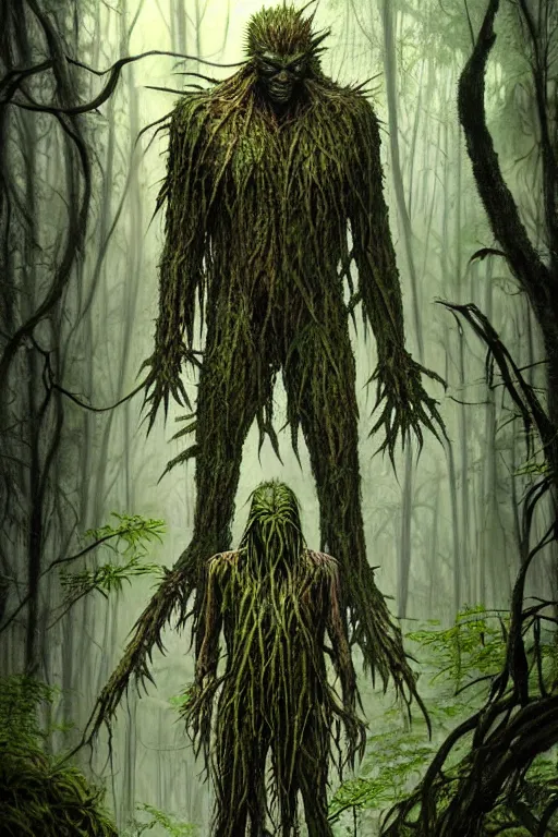 Image similar to realistic photo of the swamp thing, through the creepy forest, on the way lies a rotting corpse among the rocks. and he takes it in his hands. deep focus, intricate, elegant, highly detailed, digital painting, station art, concept art, matte, sharp focus, illustration, art by artgerm and greg rutkowski and alphonse mucha