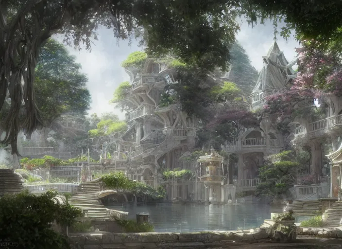 Image similar to A bathhouse in a beautiful elven city made of white marble, anime, lush trees, fountain, a fantasy digital painting by Greg Rutkowski and James Gurney, trending on Artstation, highly detailed