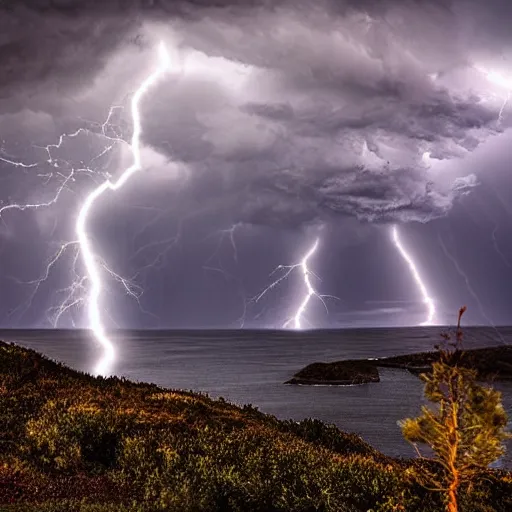 Image similar to a dark thunderstorm over the Norwegian fjords, distant mountains, digital art, bright lightning bolts