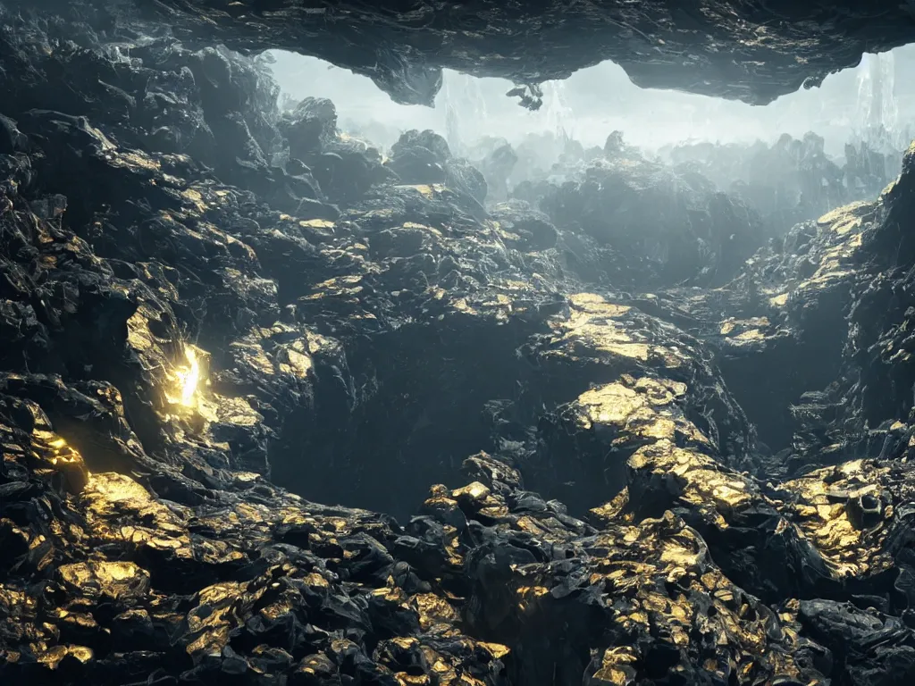 Prompt: an oceon of fluid gold falls down into a singular big massive dark black center of gravity, perspective wide angle view, impressive, intricate, futuristic, 8 k, unreal engine 5, 3 d animation, big depth of field, by ridley scott, by j. j. abrams