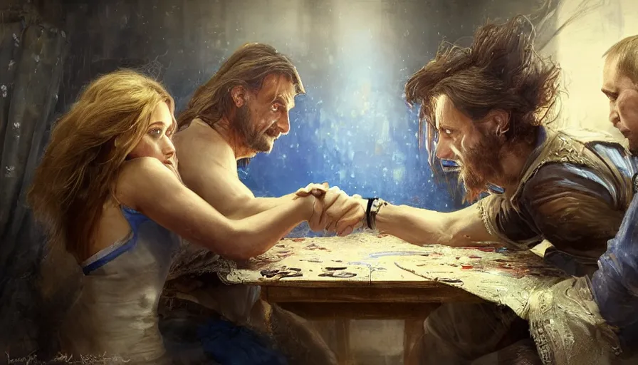 Image similar to arm wrestling between ( vladimir putin ) and ( ( ( a young pretty girl with long hair and blue eyes ) ) ), hyperrealistic, digital concept art, caricature illustration, violent. horror. art by gaston bussiere and greg rutkowski in yelow and blue color