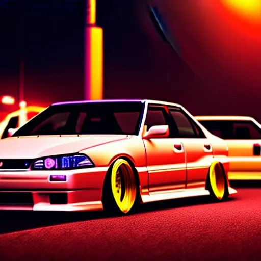 Image similar to a car JZX100 twin-turbo at illegal car meet, Saitama prefecture, city sunset mist neon lights, cinematic color, photorealistic, highly detailed, 200MM