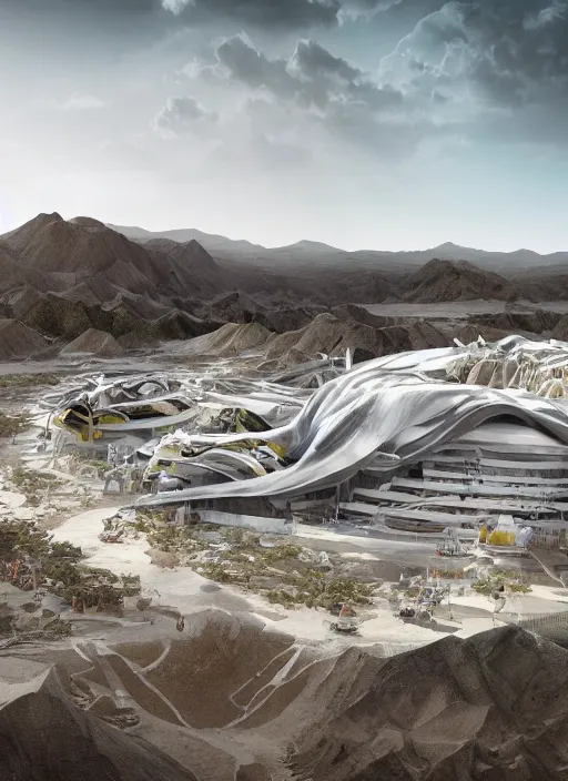 Image similar to bioremediation white mining tailing futuristic horizontal architecture in chuquicamata, epic, cinematic, hyperealistic, high detailed, corona render, hdr, ray tracing