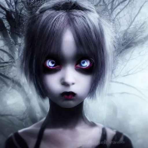 Prompt: photorealistic full shot portrait of kawaii angry darkness anime girl, gothic clothing, worrying eyes, inspired by Tim Burton, detailed, unreal engine 4k volumetric light, fog,