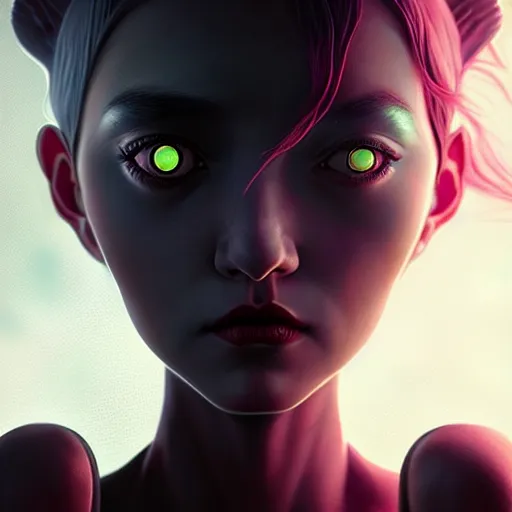 Image similar to insect - like alien - girl by tom bagshaw, green eyes and long black hair by ilya kuvshinov, rtx reflections, octane render 1 2 8 k, extreme high intricate details by wlop, digital anime art by ross tran, wide shot, close up shot, composition by sana takeda, dramatic lighting by greg rutkowski