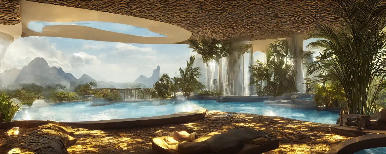 Image similar to surreal hyper luxury spa with intricate golden details with view to arid mountains and palm forest, ultra detailed, photorealism, sharp focus, volumetric light, global illumination