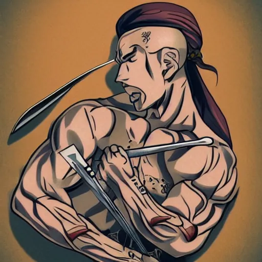 Image similar to muscular bald man, tattooed body, sword in hands, HD, anime style,