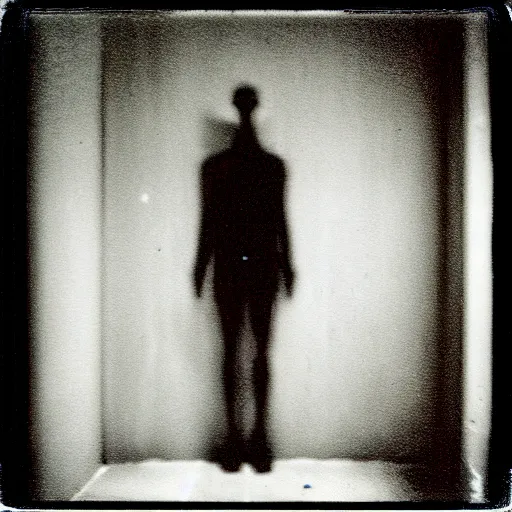 Image similar to a tall humanoid creature at the bottom of a stairwell, dark!, creepy!!!, unsettling, uncanny valley!, old polaroid, expired film,