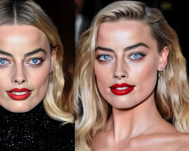 Image similar to margot robbie and amber heard mixed in one face, hyper realistic face, beautiful eyes, cinematic, long shot, hyper detailed, 8 5 mm photograph, 8 k resolution, film still, sharp lens, wide lens