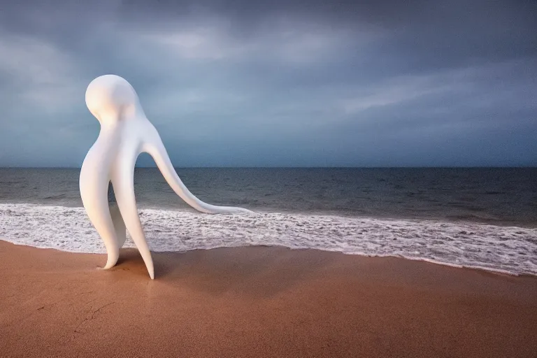 Prompt: photography of a gigantic white octopus walking at the shore of the beach, outside the water, national geographic, evening, award winner, nature