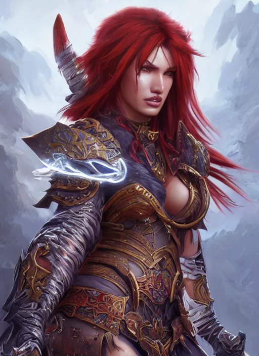 Image similar to ultra realistic illustration, bella thorne as diablo 3 barbarian anime, intricate, elegant, highly detailed, digital painting, artstation, concept art, smooth, sharp focus, illustration, art by artgerm and greg rutkowski and alphonse mucha and wlop