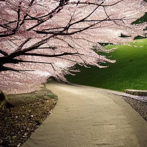 Prompt: stone path through a cherry blossom filled valley leading to a monastery. adult swim, minimalistic