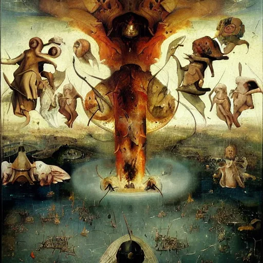 Image similar to A war in Heaven with fire as a renaissance holy painting by Hieronymus Bosch and Beeple, hyper detailed, oil painting