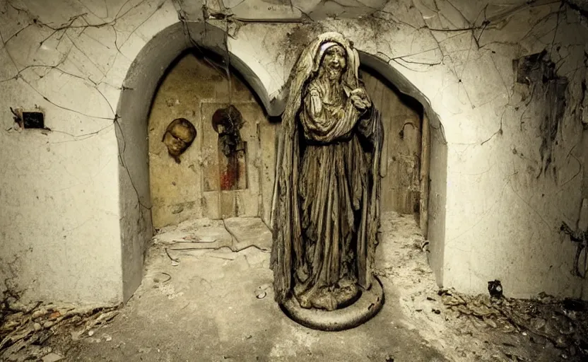 Prompt: several decrepit creepy statues of the archangel gabriel, strewn about in a dark claustrophobic old sewer, realistic, security camera footage, wide shot, sinister, foreboding, grainy photo