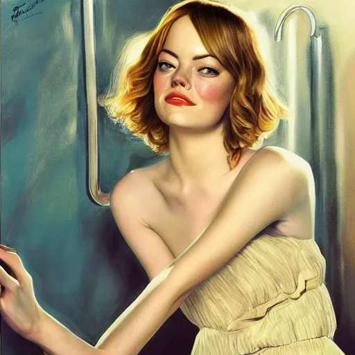 Prompt: emma stone in soviet public toilet, sharp focus, detailed, art by artgerm trufanov rolf armstrong, lucian freud dragan bibin