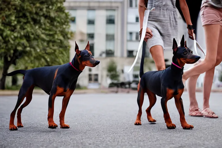 Image similar to toy doberman pinschers following a woman on a walk down the sidewalk