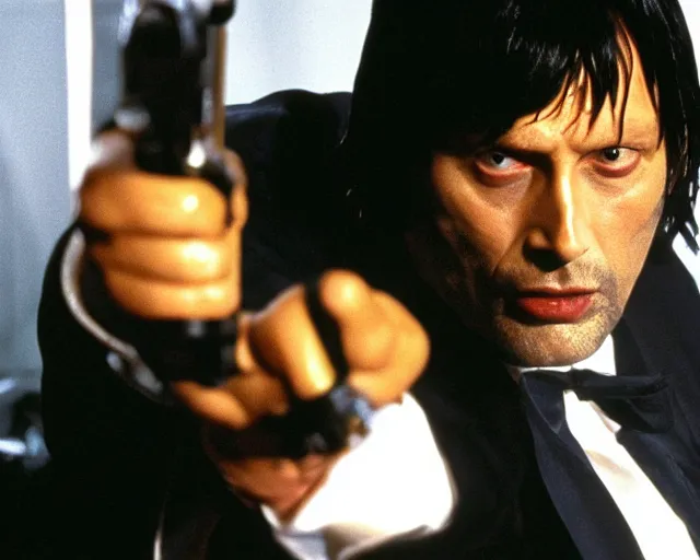 Prompt: Mads Mikkelsen as Vincent Vega in Pulp Fiction with Samuel Leroy Jackson