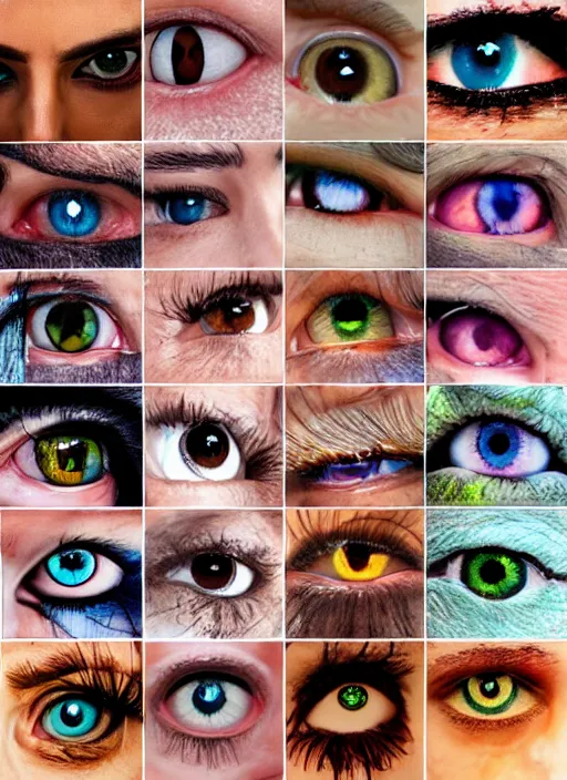 Prompt: grid montage of eyes, detailed colored textures, eyelashes, advanced art, art styles mix, from wikipedia, wet reflections in eyes, sunshine light, hd macro photograph, from side, various eyelid positions, square black pupil centered