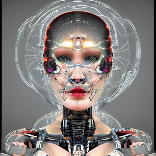 Image similar to The face of an extremely beautiful biomechanical female looking robot with Optical Sensors and large emoji tattoos, surrounded by a thin transparent force field,, extremely beautiful oppai cyberpunk, chimeric organism, pale skin, organic polycarbon, full frontal, portrait, highly detailed, symmetrical, mechanical, mendelbrot fractal, ray tracing, hyperdetailed, hyperrealistic, octane render, hdr, 8k