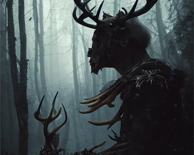 Image similar to 5 5 mm portrait photo of an armored demonic blond woman with antlers, in a magical forest. dark atmosphere. art by greg rutkowski. highly detailed 8 k. intricate. lifelike. soft light. nikon d 8 5 0.