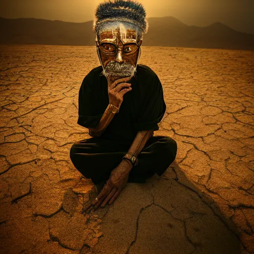 Image similar to floating old asian man with beard, his head covered in jewels, full face occult silver mask, glowing eyes, wearing a large carved wooden stick, smoke around him, in the dry rock desert, cinematic shot, wide angle, desert background, award winning photography, 8k, in the style of David Lynch, Alejandro Jodorowsky and Gaspar Noe