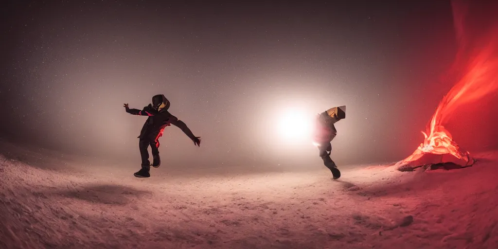 Image similar to fisheye slow motion with trail fire and smoke effect of futuristic break dancer wearing long dark cloak and golden helmet emitting fire, long exposure shot , enigmatic, at night in the middle of the arctic with red light A letter, paddle of water, steam, fog, water splashes, rim lights, glossy reflections, water droplets on lens, octane render, Volumetric dynamic lighting, stunning cover magazine, high details, hajime sorayama