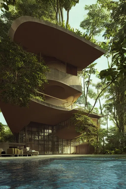 Image similar to architecture inspired by le corbusier in the rainforest. octane render. global illumination. atmospheric. photorealistic. warm colors.