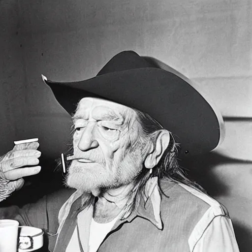 Image similar to willie nelson having a smoke in his trailer.