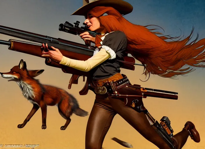 Prompt: a beautiful, dynamic illustration of an bounty hunting anthropomorphic fox - woman running and gunning with a winchester rifle, wild west theme, motion blur, action illustration by stanley artgerm, greg rutkowski, alphonse mucha, norman rockwell, 8 k,
