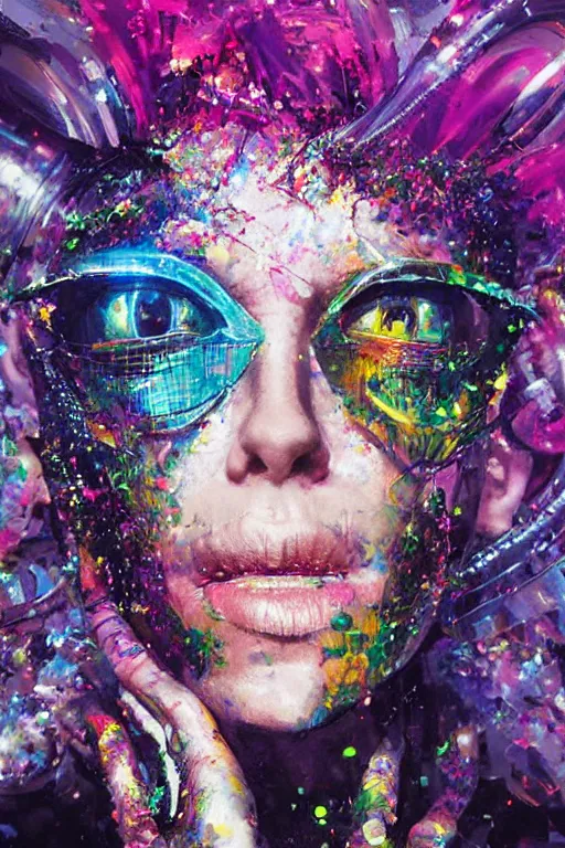 Prompt: portrait, headshot, digital painting, an delightfully mad techno - shaman lady, closed eyes, synthwave, glitter, glitch, refraction, fracture, realistic, hyperdetailed, chiaroscuro, concept art, painterly, art by john berkey