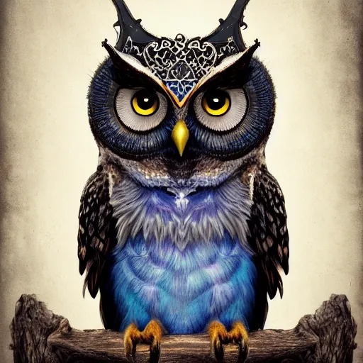 Prompt: cute owl, charactor, with big blue eyes, gothic, with a crown on his head, magical, warrior, hyper detailed, stylistic, symmetrical, 3 d render, photorealitic, 8 k, octane render