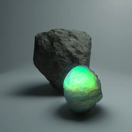 Prompt: luminous internally glowing iridescent stone, realistic, photorealism, 8 k, octane, volumetric lighting