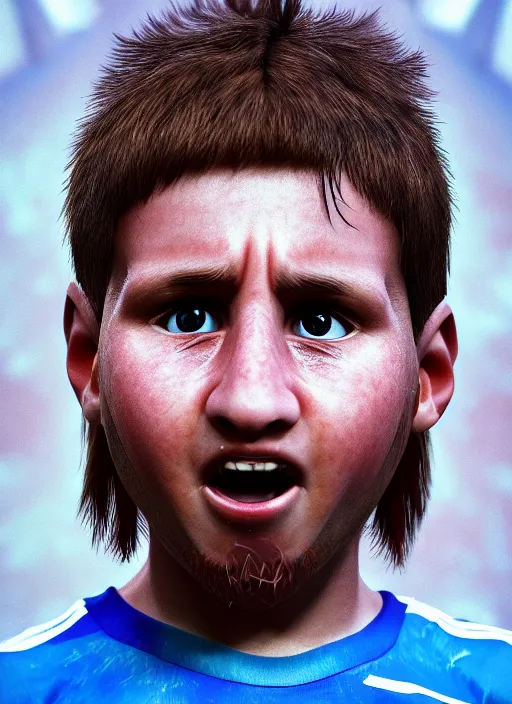 Image similar to portrait of ((cute)) crying Messi, photorealistic, 35mm, close-up, blue tear, Octane render, trending on Artstation, 4k, 8k, highly detailed, digital art