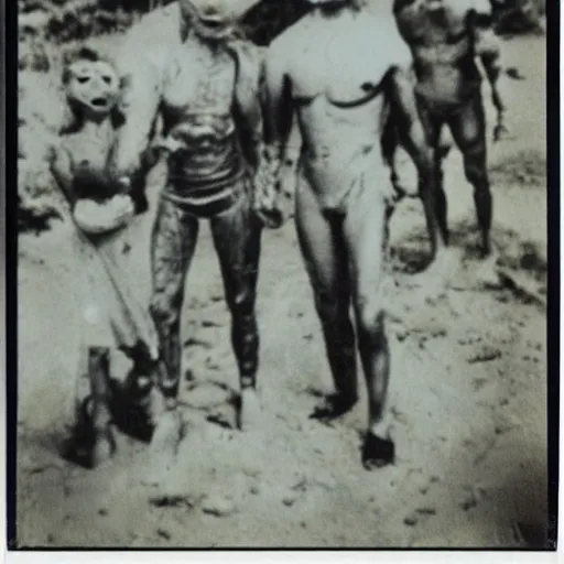 Image similar to really old polaroid photograph of horrorific extraterrestrial beings visiting earth,