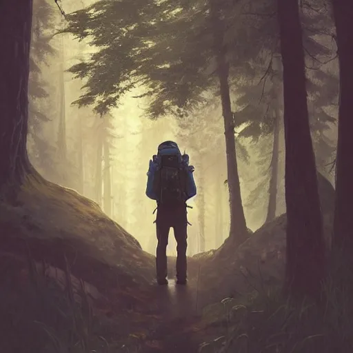 Prompt: explorer detailed man with backpack standing at a forest looking for adventure in the mountains, tall trees, landscape is lush, moody sunset in background, greg rutkowski, alphonse mucha, trending on artstation, artgerm, unreal engine, breathtaking, award winning, highly detailed w 1 0 2 4